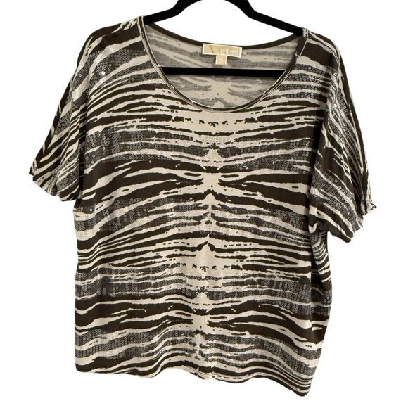 Michael Kors Womens XL Zebra Print Sequin Top Brown White Short Sleeve - Picture 1 of 5